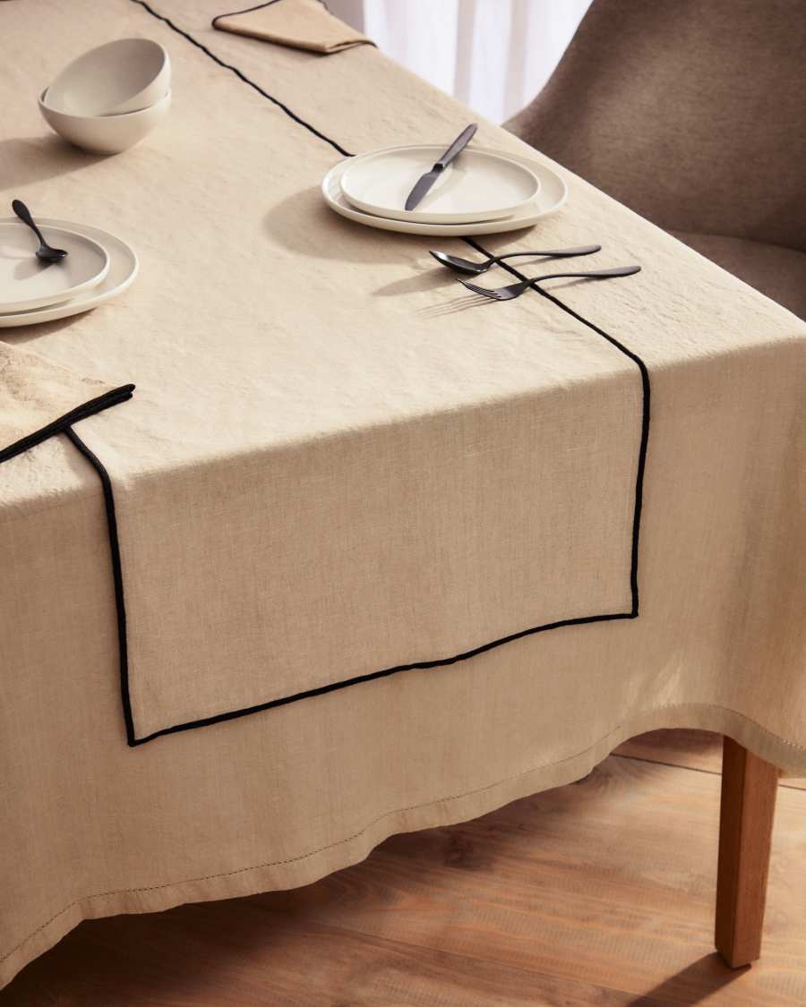Camino de mesa Mirna de lino y algodón beige