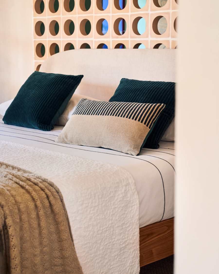 Mikayla linen and cotton printed cushion cover with green, natural velvet 30 x 50cm