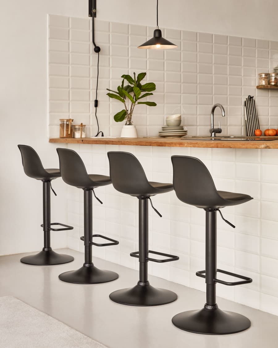 Orlando-T barstool - black synthetic leather and matt black steel 60-82 cm