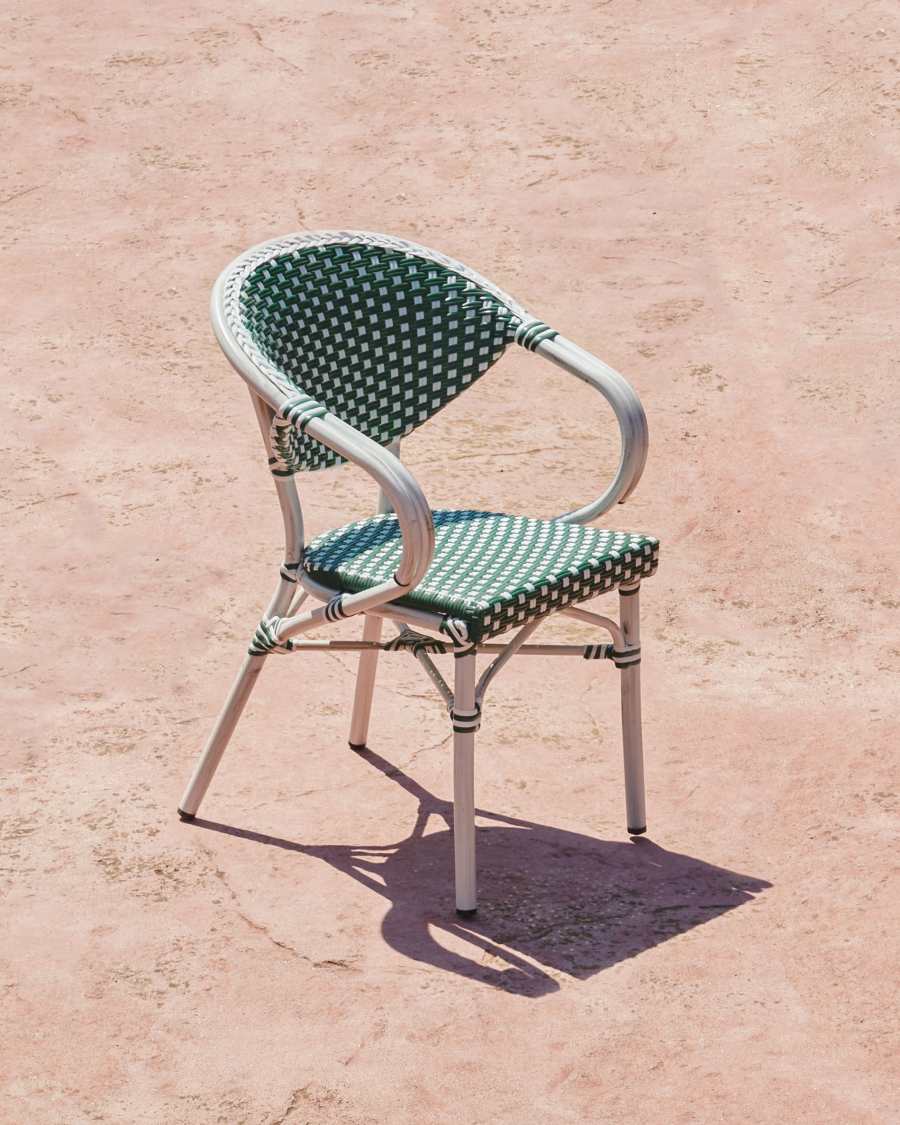 Marilyn stackable outdoor bistro chair with arms in aluminium and synthetic rattan, green & white