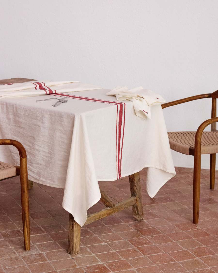 Nona tafelkleed in naturel linnen en katoen met rode strepen, 150 x 250 cm