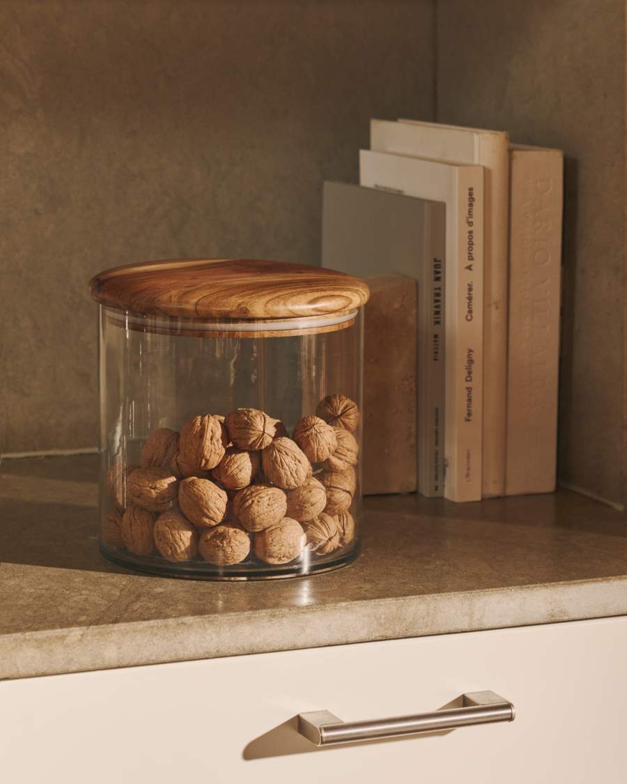 Kasia large jar with transparent glass and solid acacia wood lid