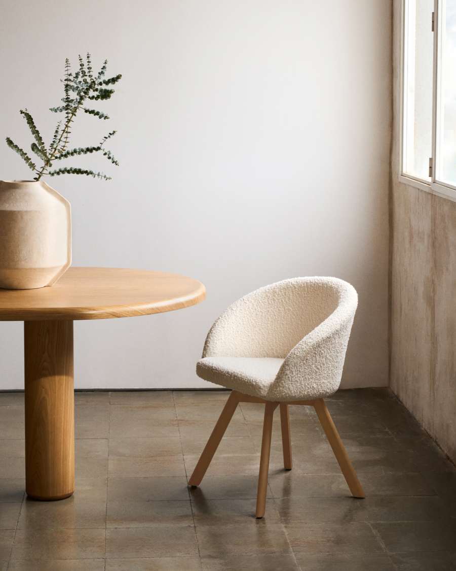 Marvin beige chenille swivel chair with solid beech wood legs in a natural finish FSC 100%