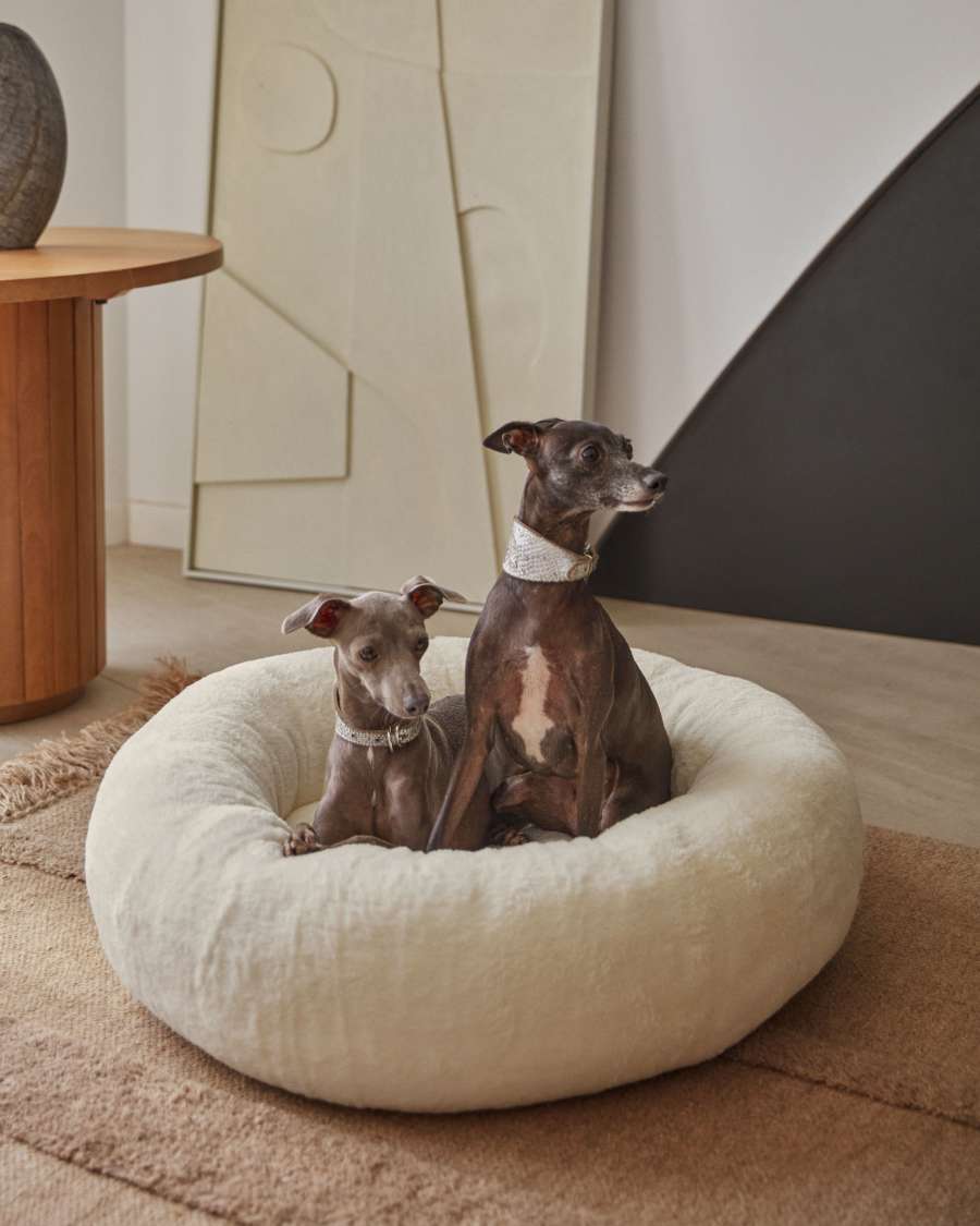 Woopy round bed for pets with with white fur small Ø 70 cm