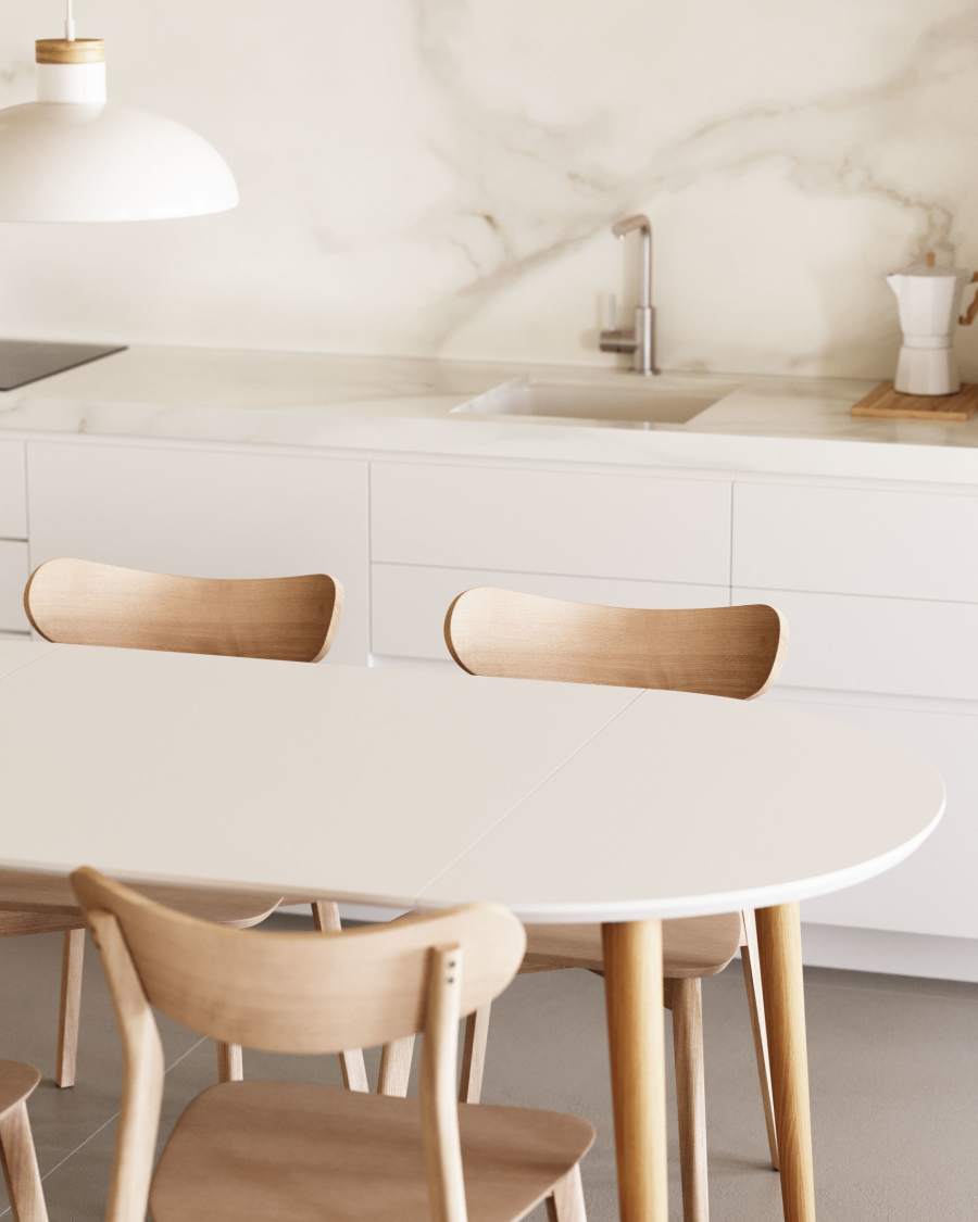 Table extensible ronde Oqui MDF laqué blanc et pieds bois de hêtre 90 (170) x 90 cm