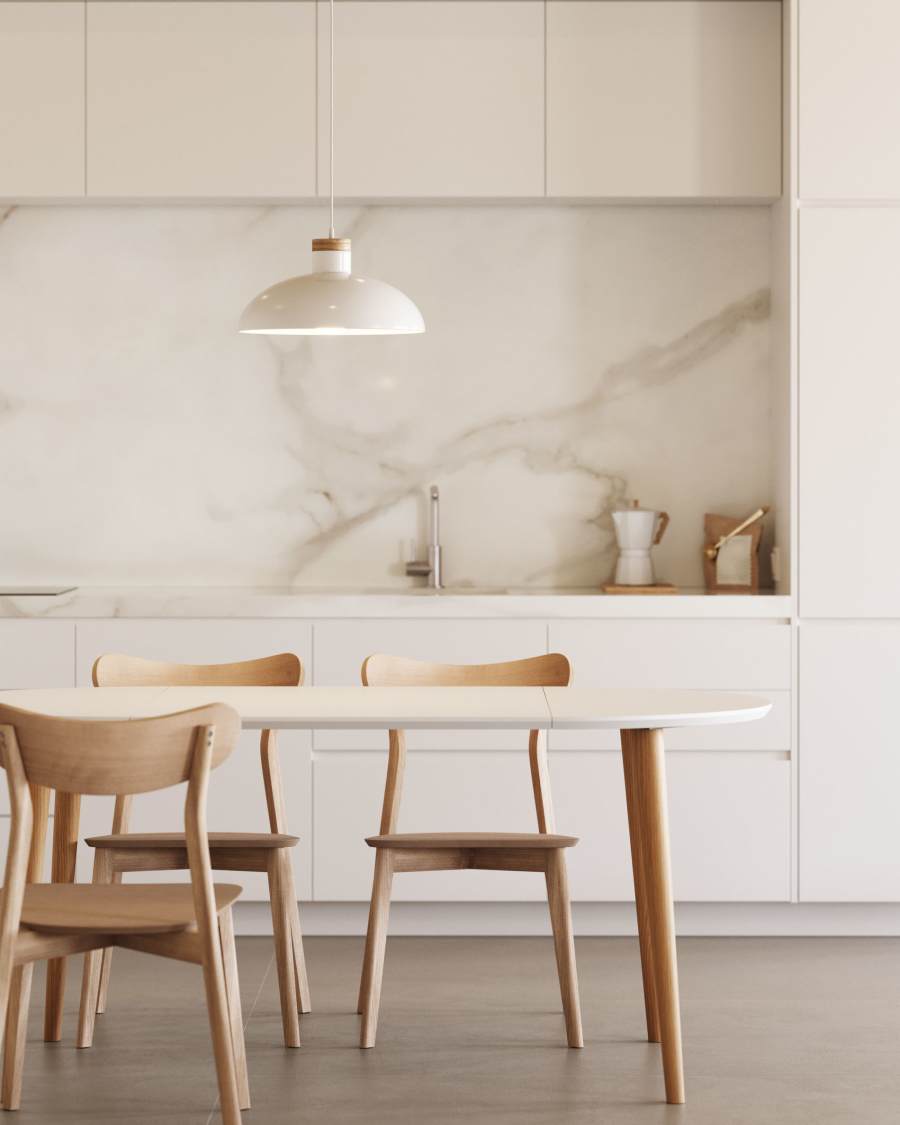 Table extensible ronde Oqui MDF laqué blanc et pieds bois de hêtre 90 (170) x 90 cm