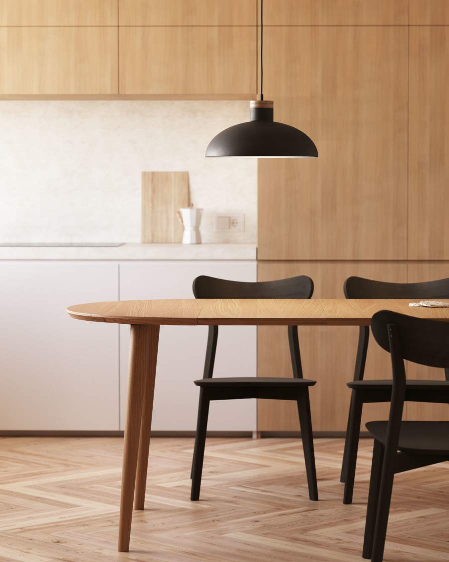 Ανοιγόμενο τραπέζι Oqui, στρογγυλό, δρύινος καπλαμάς MDF και πόδια σε μασίφ ξύλο οξιάς, 90(170)x90εκ