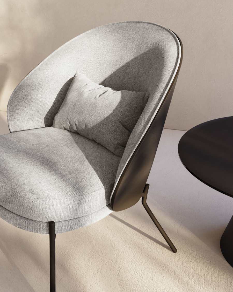 Eamy light grey armchair in an ash wood veneer with a black finish and black metal