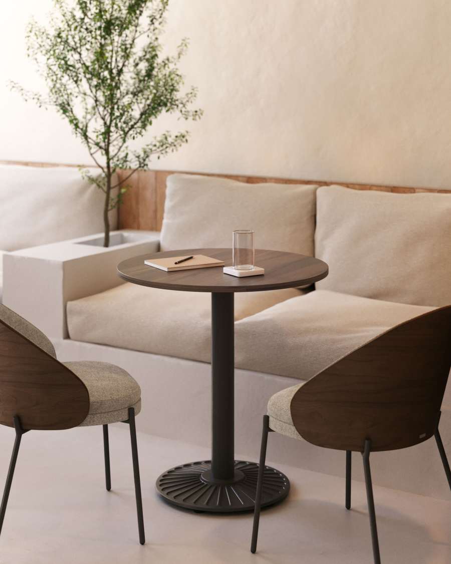 Tiaret round table in walnut wood finish with metal leg in a painted black finish, Ø 69.5cm