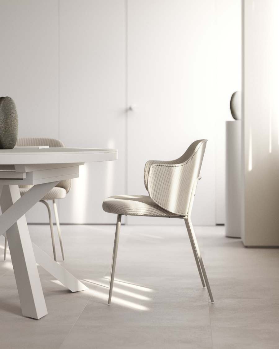 Yunia chair in beige wide seam corduroy with steel legs in a powder coated beige finish FSC 100%