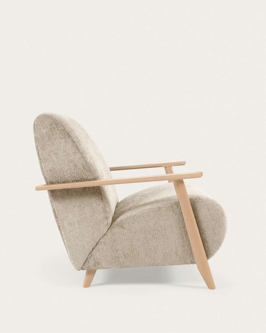 Meghan fauteuil in beige chenille en hout met natuurlijke afwerking