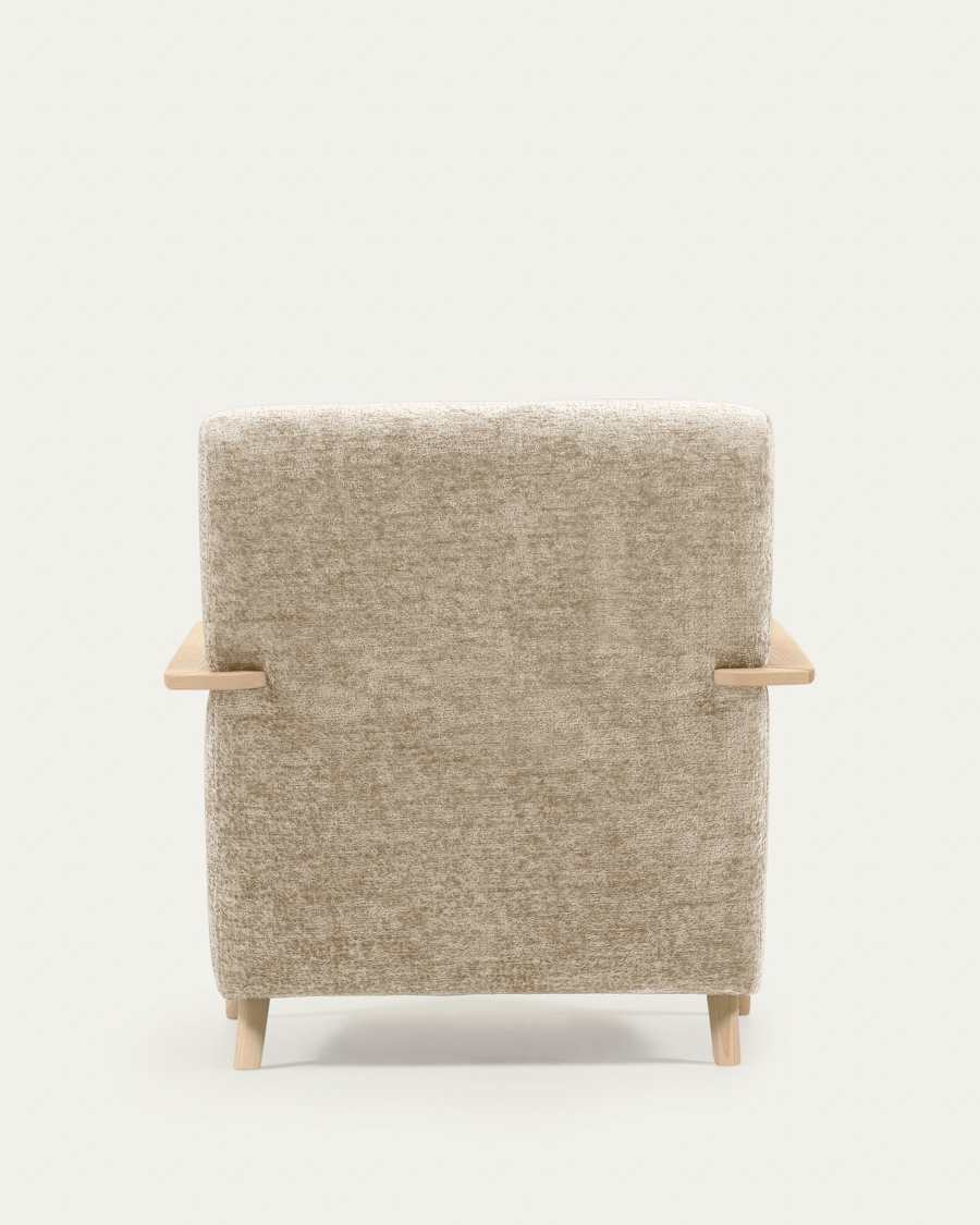 Meghan fauteuil in beige chenille en hout met natuurlijke afwerking