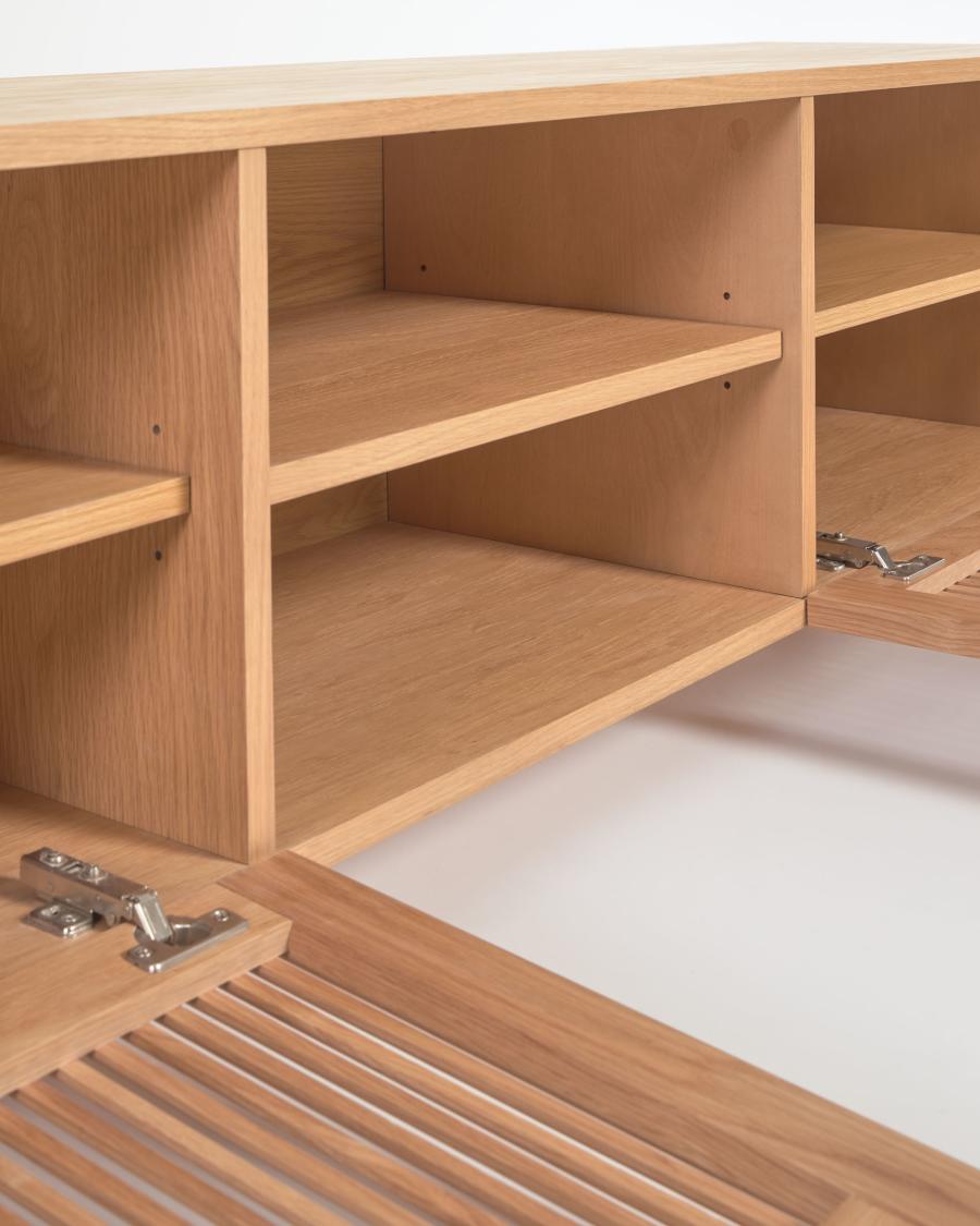 Beyla solid oak TV stand with two doors and oak veneer 180 x 49 cm FSC 100%.