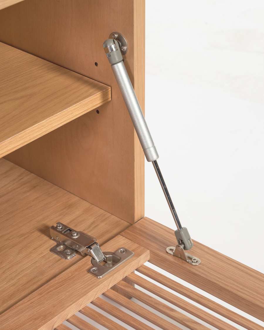 Beyla solid oak TV stand with two doors and oak veneer 180 x 49 cm FSC 100%.