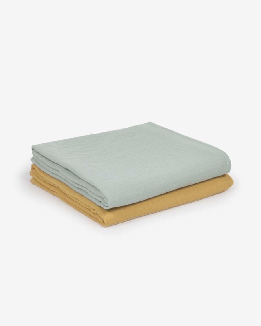 Lot de 2 langes bébé Yamile 100 % coton biologique (GOTS) turquoise et jaune moutarde