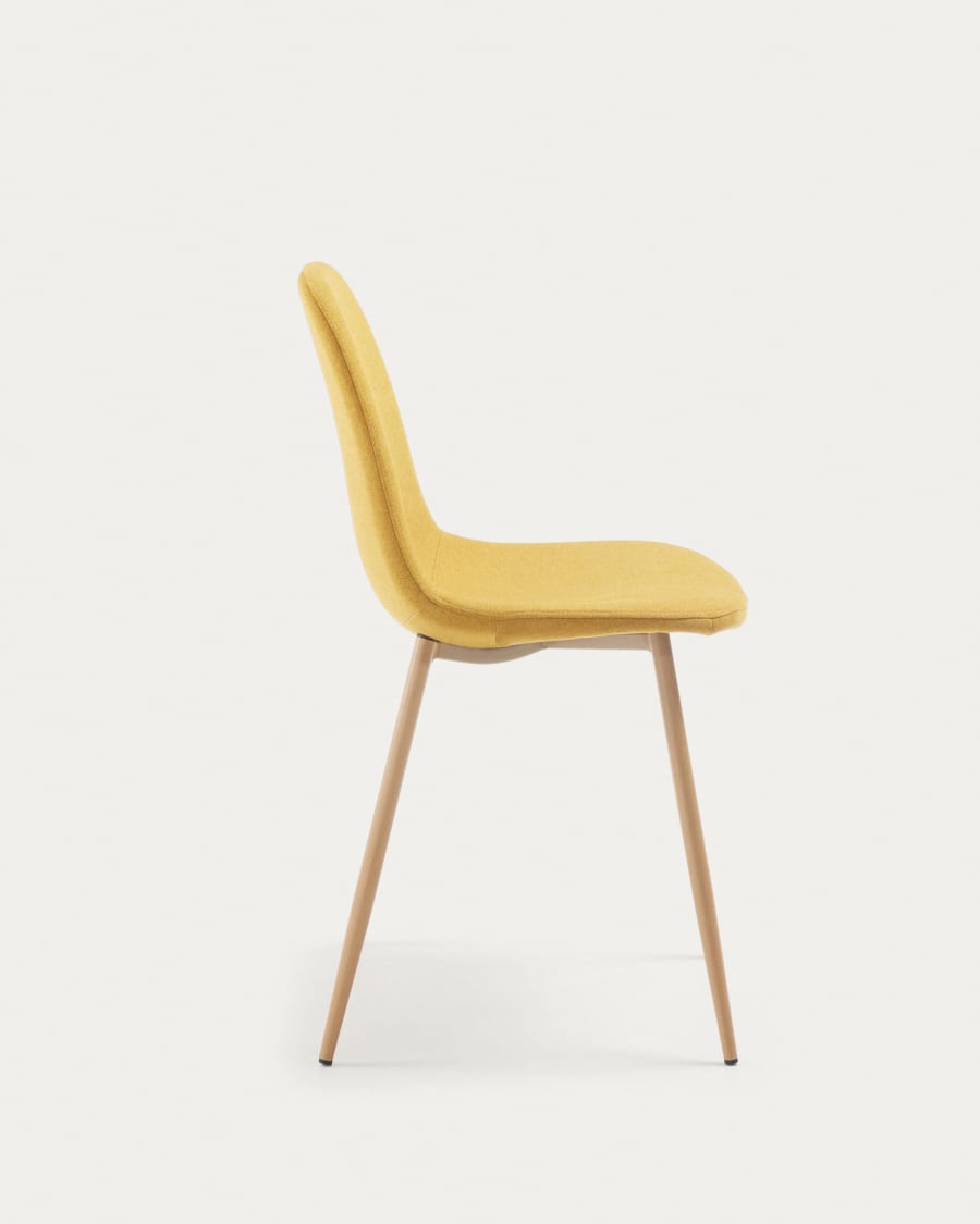 Chaise Yaren jaune moutarde et pieds en acier effet bois