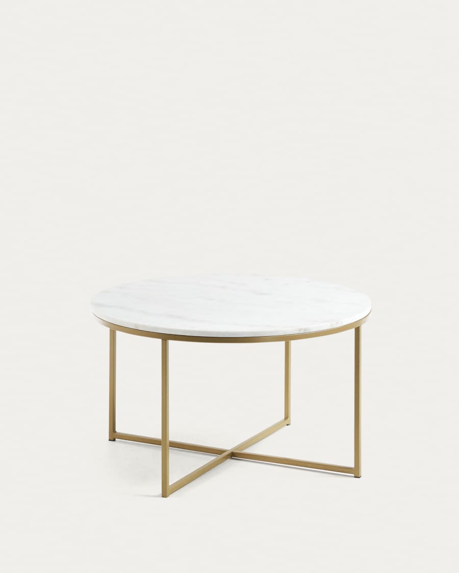 Tavolino Sheffield in marmo bianco e gambe in acciaio finitura oro Ø 80 cm