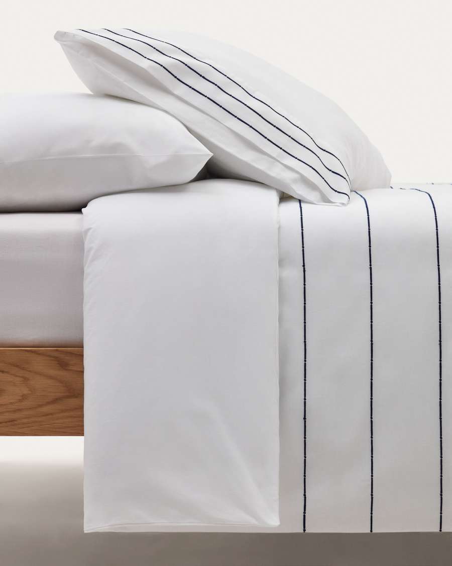 Cintia cotton percale duvet cover and pillowcase set in white with striped embroidery, 90 x 190 cm