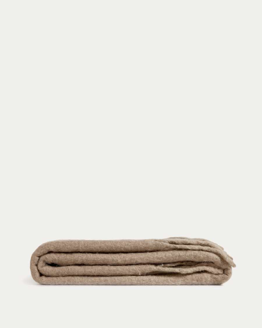 Jiba blanket with tassels in beige wool, 125 x 150 cm