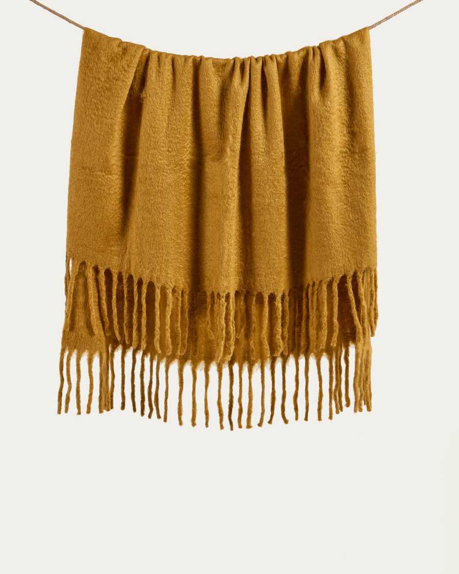 Jiba Decke mit Fransen aus Wolle senfgelb 125 x 150 cm