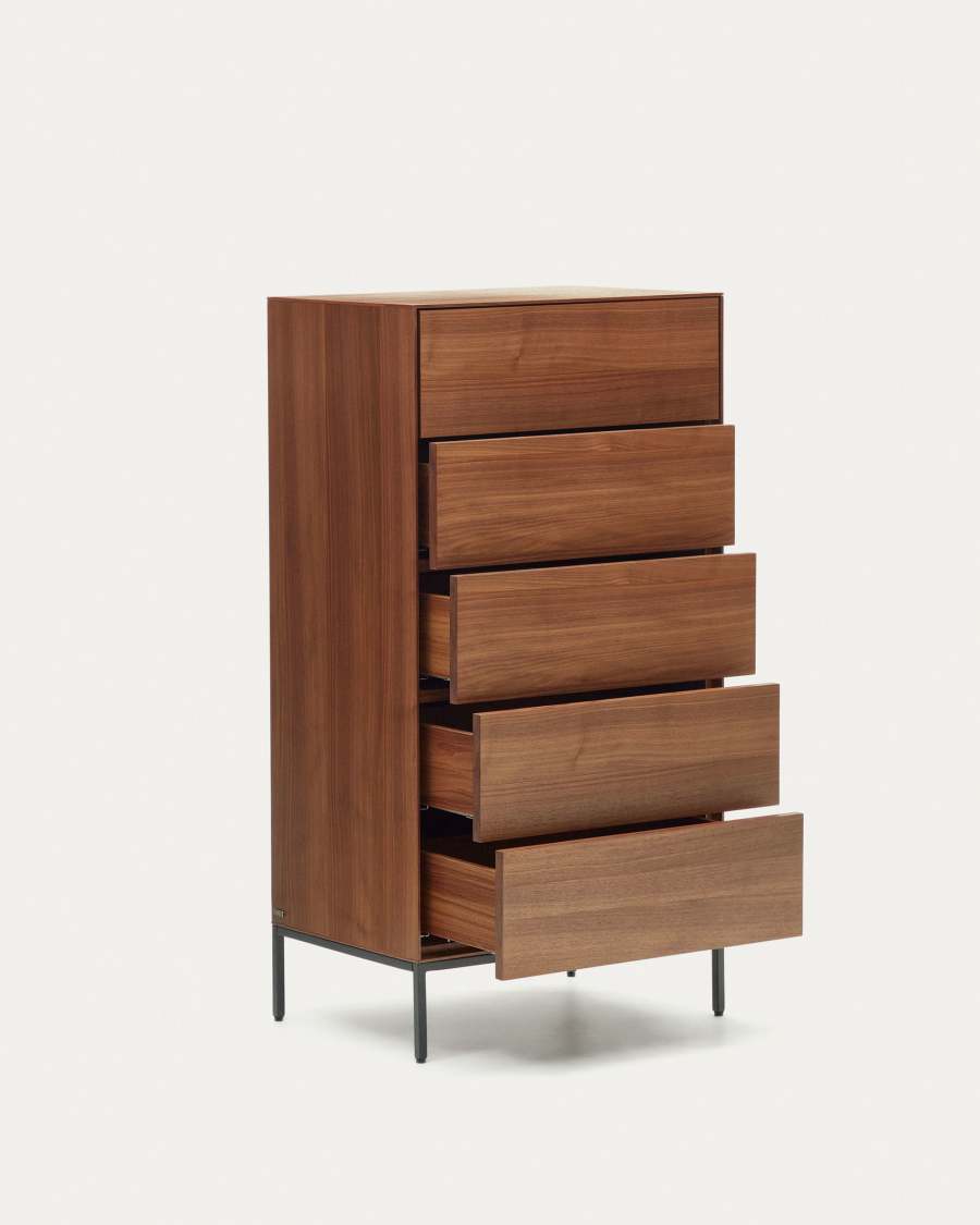 Vedrana 5 drawer chest of drawers in walnut veneer with black steel legs, 60 x 114 cm