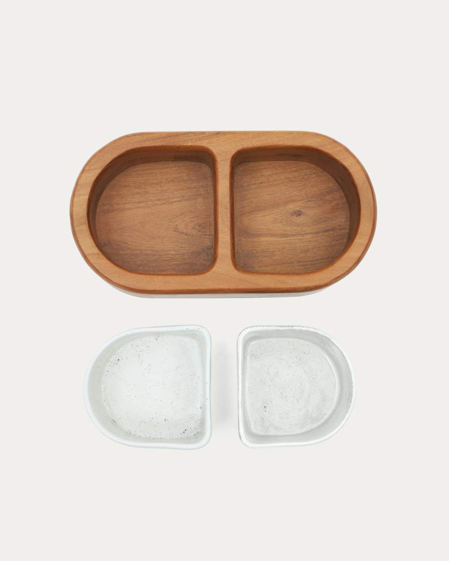 Arlo set of 2 food/water bowls with a wooden support, 38 x 20 cm