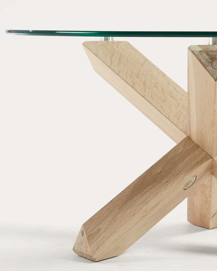 Lotus glass top coffee table with solid oak wood legs, Ø 65 cm