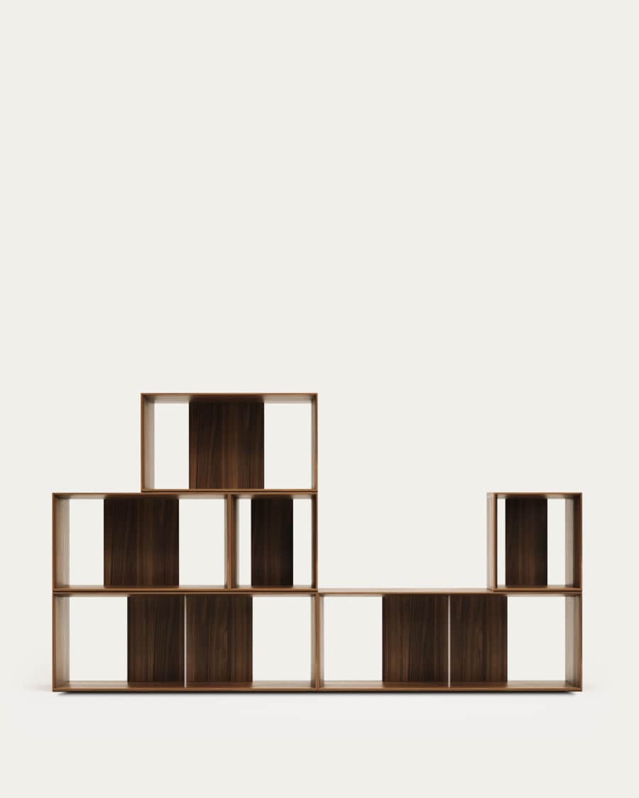 Litto set of 6 modular shelving units in walnut wood veneer, 101 x 152 cm