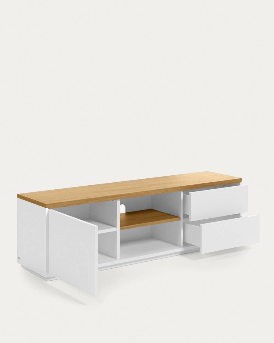 Meuble TV Abilen 1 porte et 2 tiroirs placage de chêne et laqué blanc 150 x 44 cm FSC 100%