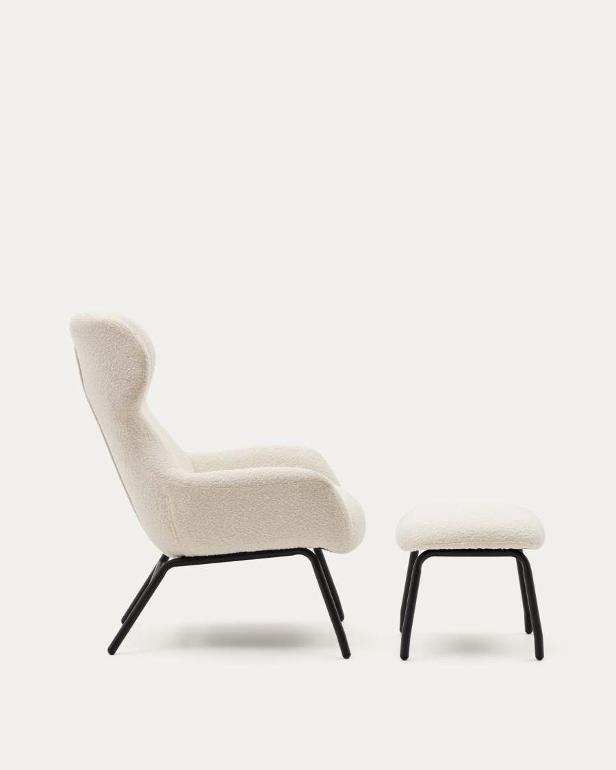 Belina Sessel mit Fußablage aus weißem Bouclé und Stahl mit schwarzem Finish