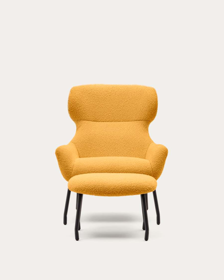 Belina Sessel mit Fußablage aus Bouclé in Senfgelb und Stahl in schwarz