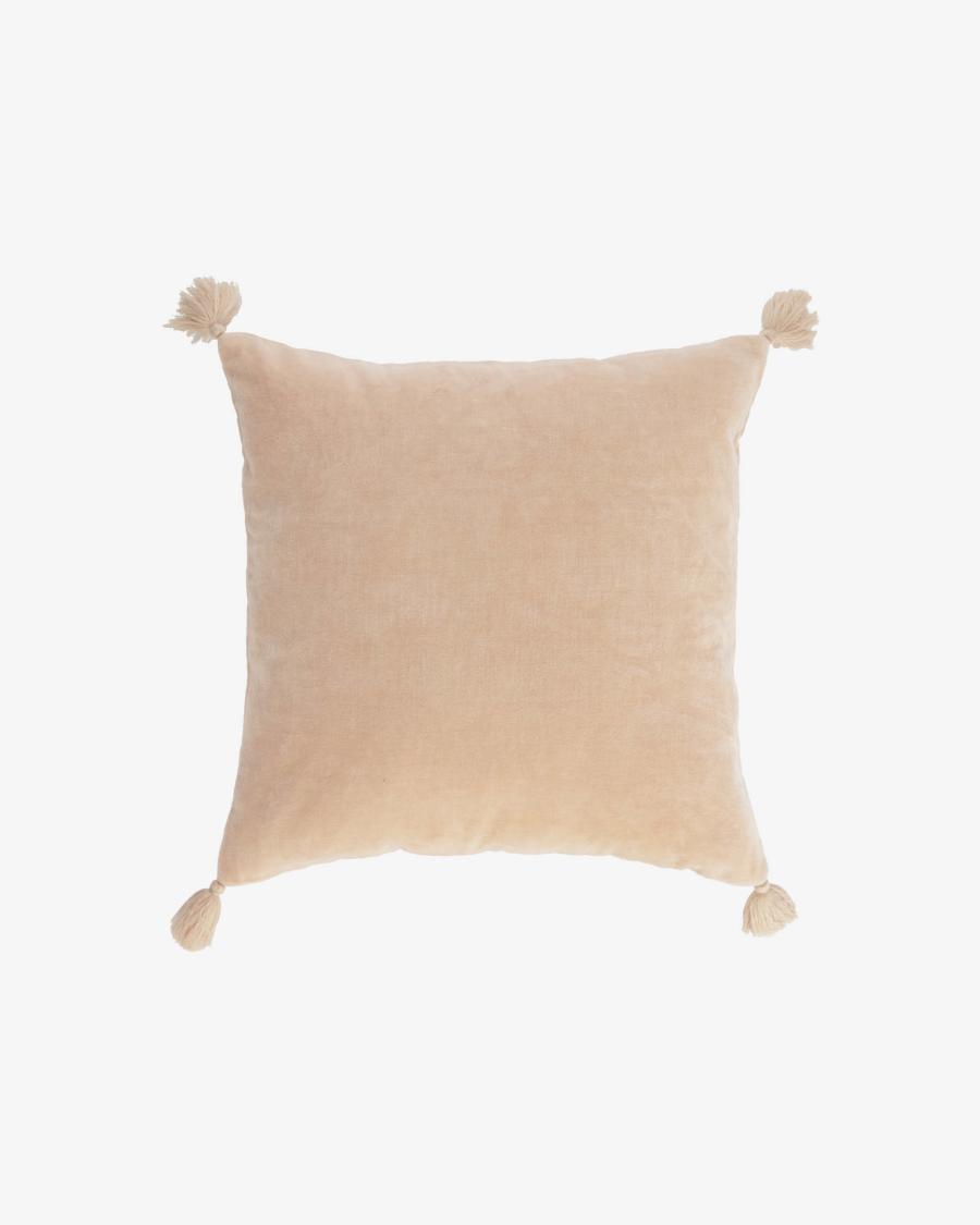 Carmin 100% cotton cushion cover in pink velvet with tassels, 45 x 45 cm