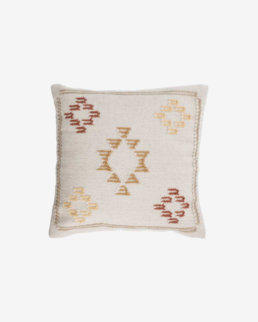 Funda cojín Bibiana de lana y algodón beige con estampado terracota y amarillo 45 x 45 cm