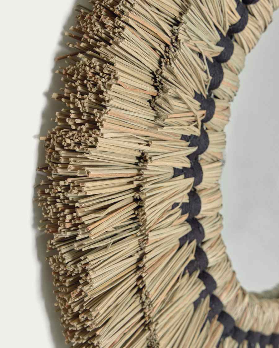 Akila round mirror made from beige natural fibres and black cotton cord, 60 cm