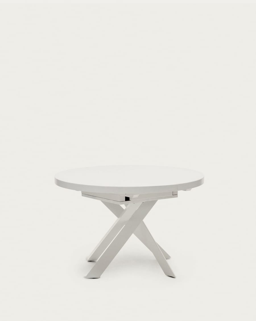Vashti extendable round table in glass and MDF with steel legs in white, Ø 120(160)x120cm