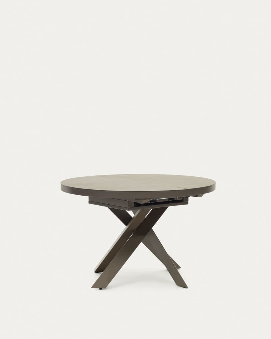 Vashti round extendable table, porcelain and steel legs with a brown finish, Ø 120(160) cm