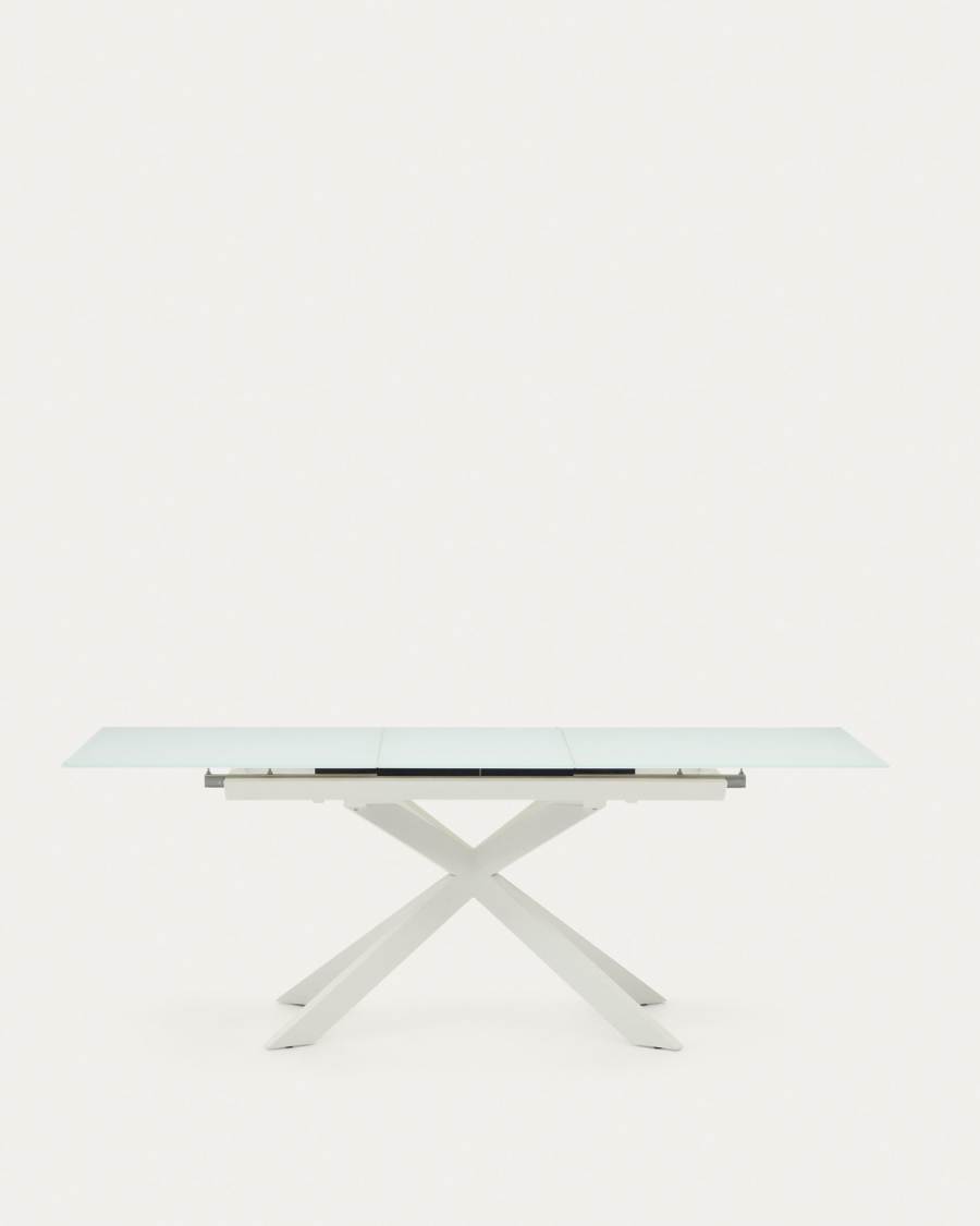 Atminda extendable table in glass and MDF with steel legs in white, 160 (210) x 90 cm