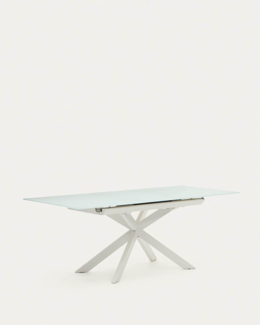 Atminda extendable table in glass and MDF with steel legs in white, 160 (210) x 90 cm
