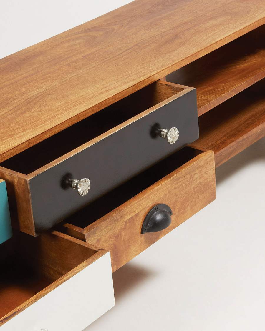 Conrad solid mango wood TV stand with 7 drawers, multicolour and natural finish, 160 x 41 cm