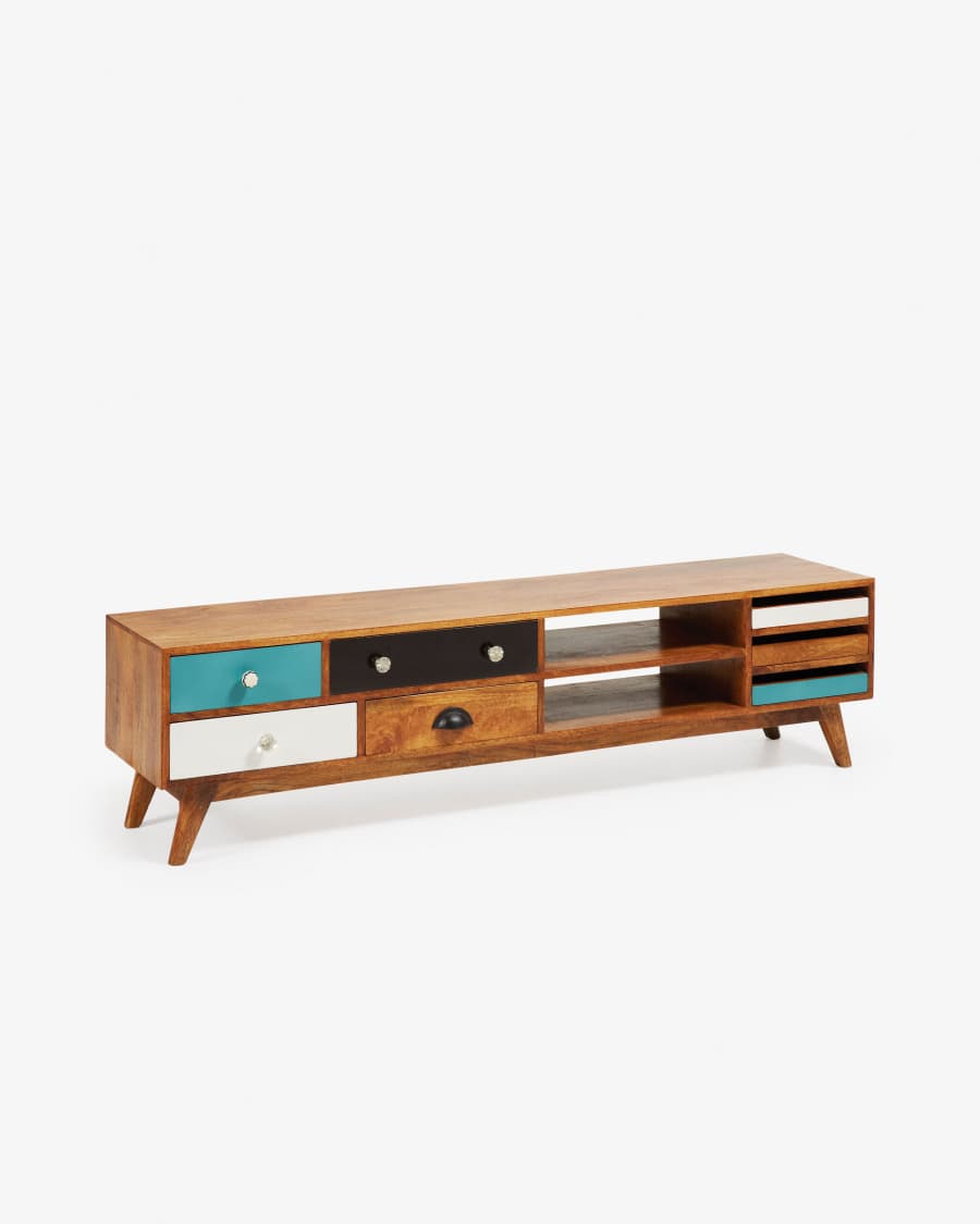 Conrad solid mango wood TV stand with 7 drawers, multicolour and natural finish, 160 x 41 cm