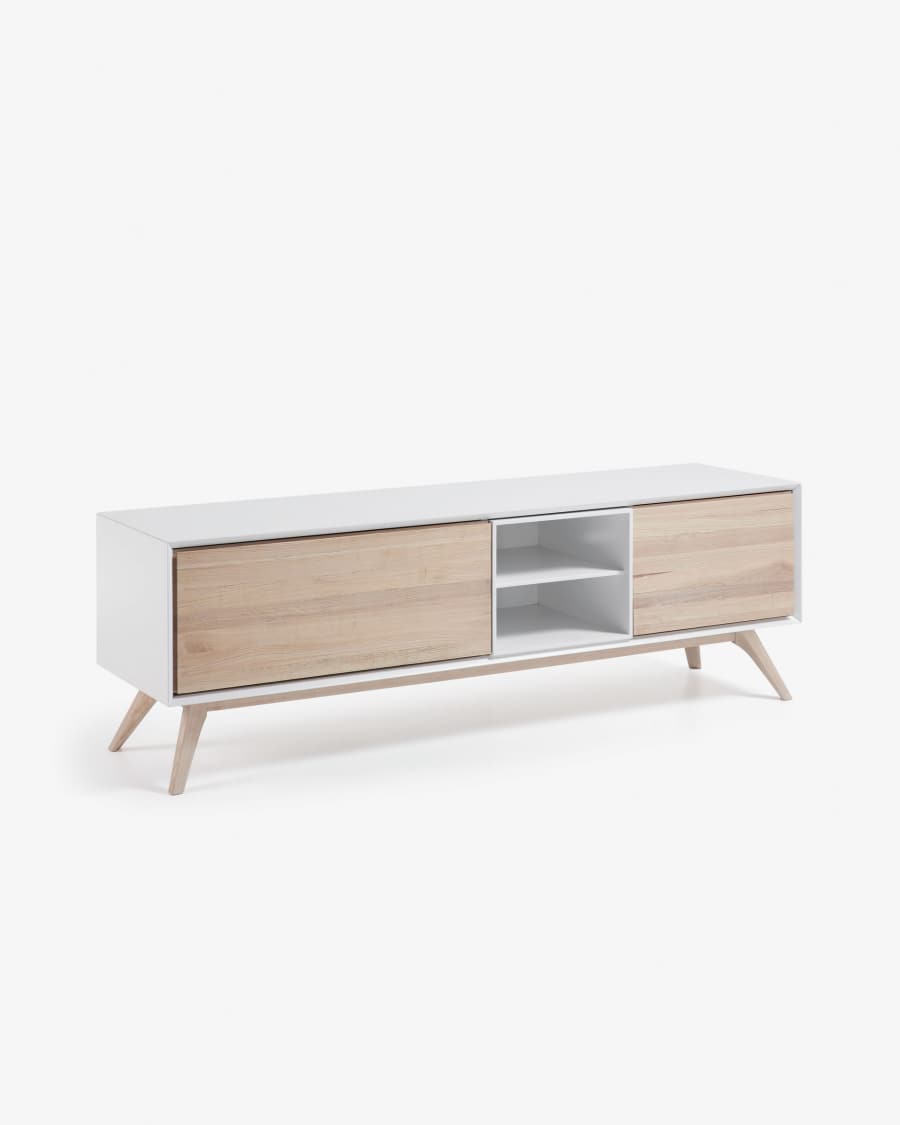 Eunice ash wood veneer and white lacquer TV stand with 2 doors, 174 x 56 cm