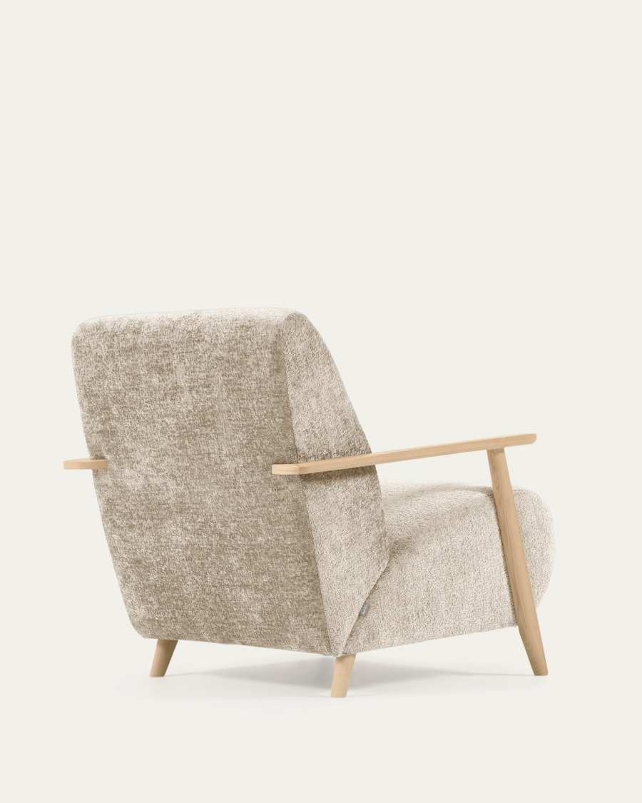 Meghan fauteuil in beige chenille en hout met natuurlijke afwerking