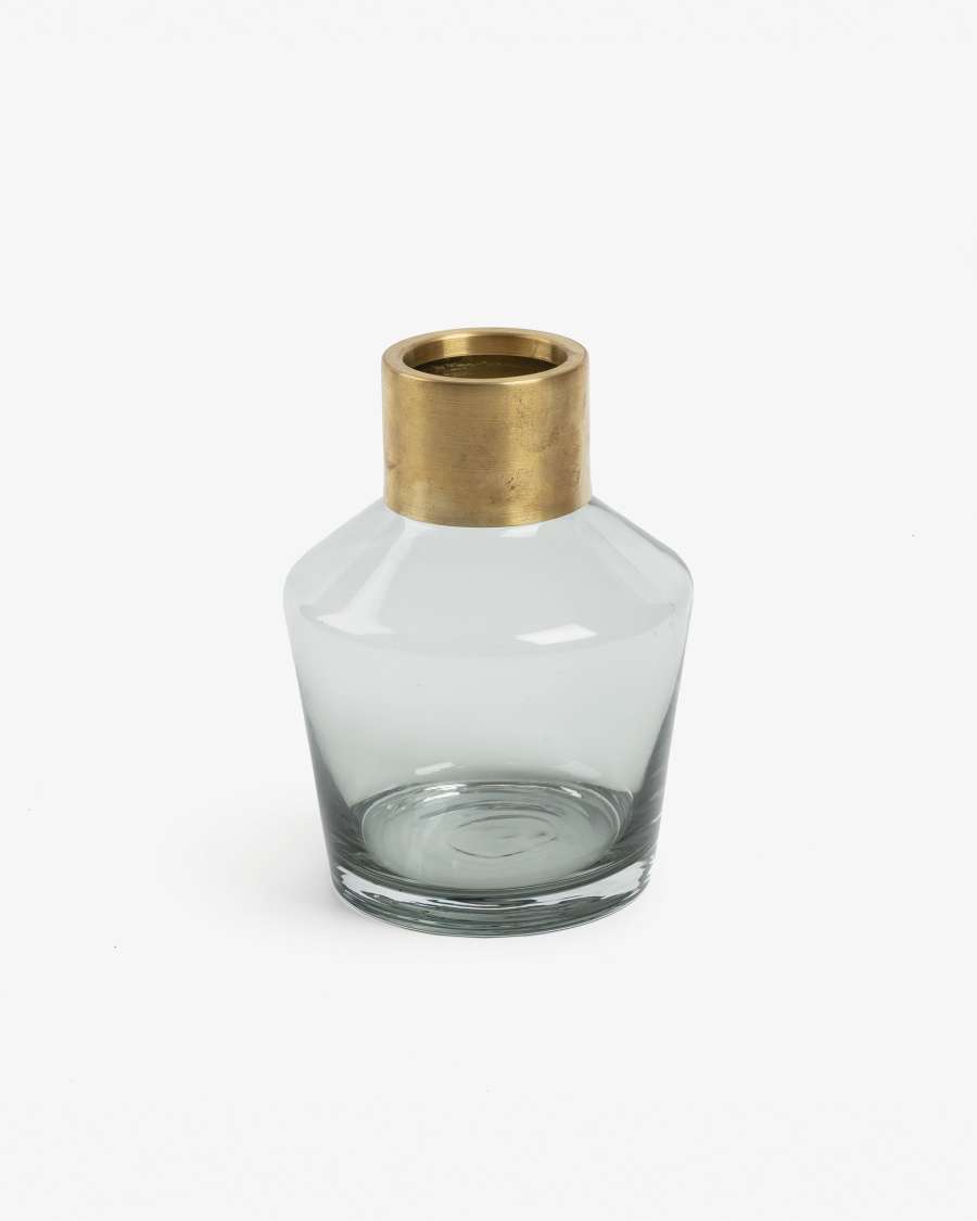 Issey vase, grey glass 21 cm with brass detail