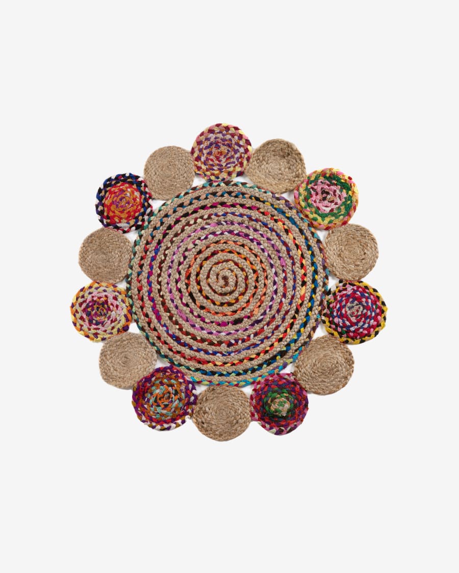 Ginnis round rug made from multicolour jute and cotton, Ø 100 cm