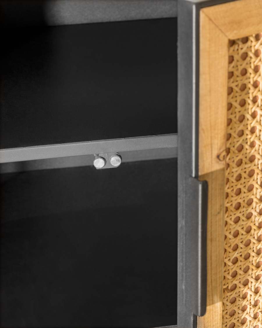 Kyoko solid fir tree wood and black metal TV stand with 2 wicker doors & 4 drawers, 150 x 55 cm