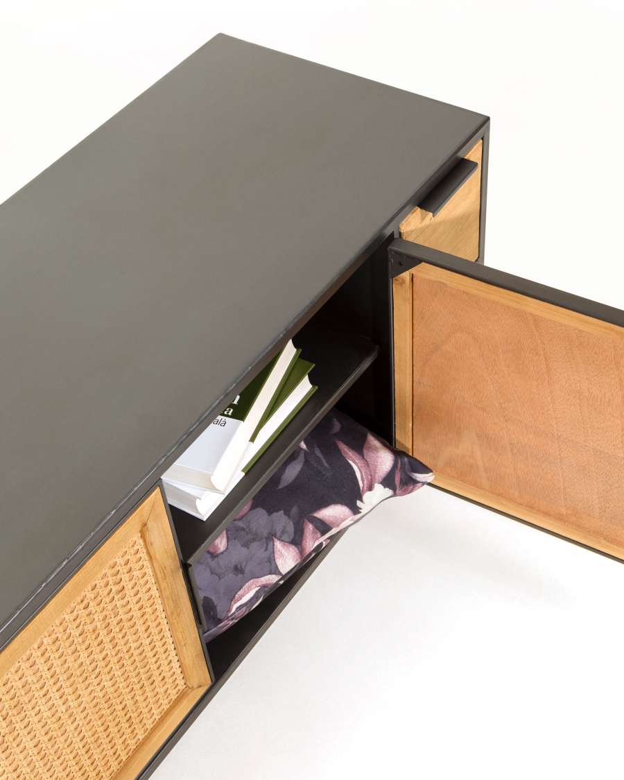 Kyoko solid fir tree wood and black metal TV stand with 2 wicker doors & 4 drawers, 150 x 55 cm