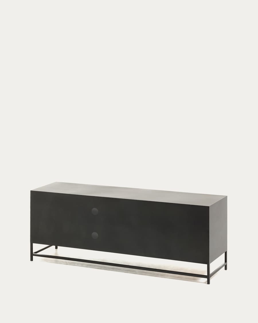 Kyoko solid fir tree wood and black metal TV stand with 2 wicker doors & 4 drawers, 150 x 55 cm