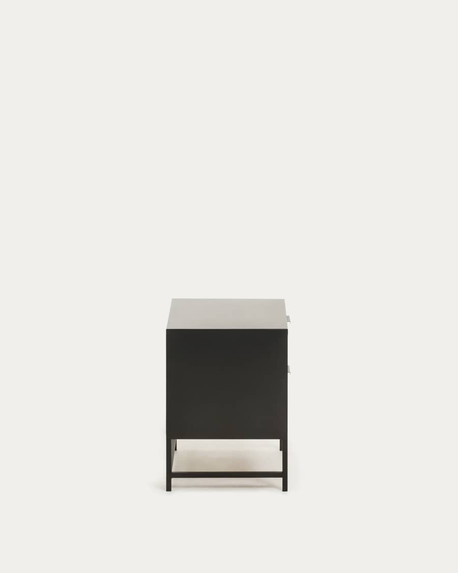 Kyoko bedside table made from solid fir wood with wicker and steel in black 50 x 51 cm