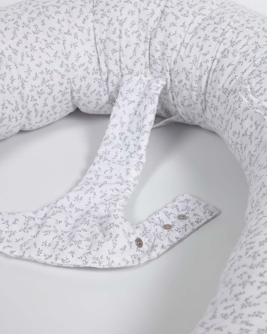 Yamile Stillkissen 100% Bio-Baumwolle (GOTS) weiß mit grauen Blättern