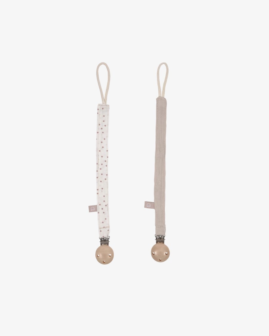 Set of two 100% organic cotton (GOTS) Maren dummy clips in beige and pink polka dots